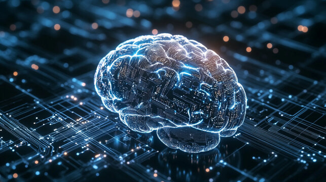 Glowing data streams flow into a digital brain on a dark background symbolizing artificial intelligence learning connectivity knowledge transfer and the fusion of human thought with technology
