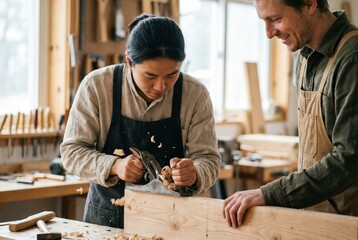 Craftspeople collaborating on woodworking project in cozy workshop with natural light