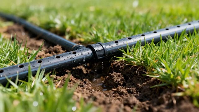 Medium shot of drip subsurface irrigation pipes laid beneath turf to provide slow consistent moisture to lawn roots without surface runoff.
