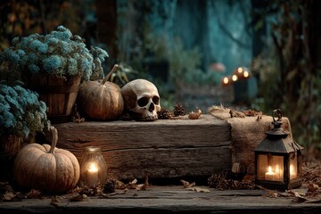 Rustic Halloween scene with skulls and candles in a fall setting