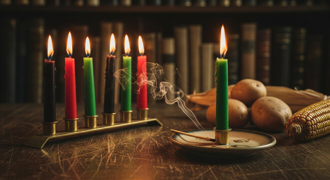 Kwanzaa celebration image, with kinara holding seven candles representing Nguzo Saba principles, and mazao crops. Cultural pride, unity, heritage designs. Festive holiday card.