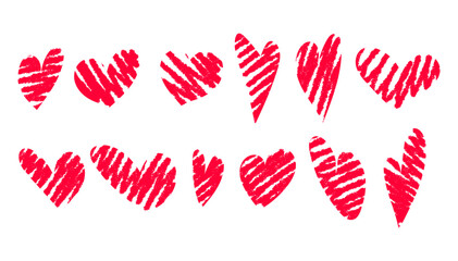 Set red hearts. Hearts drawn in pencil or charcoal on white background. For themed cards, posters and collages.