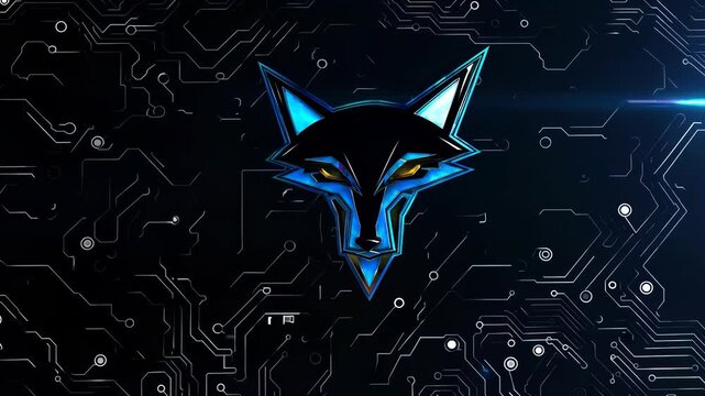 Futuristic wolf logo design with digital effects and neon colors at a tech-inspired backdrop