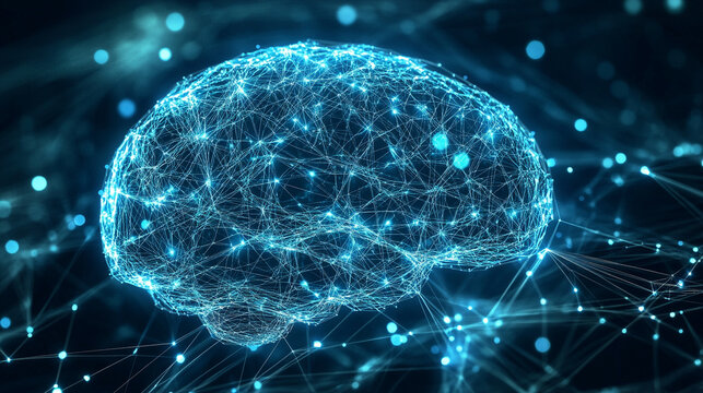 Glowing data streams flow into a digital brain on a dark background symbolizing artificial intelligence learning connectivity knowledge transfer and the fusion of human thought with technology

