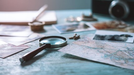 Exploration adventure concept with maps, magnifying glass, camera on wooden desk
