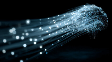 Glowing data streams flow into a digital brain on a dark background symbolizing artificial intelligence learning connectivity knowledge transfer and the fusion of human thought with technology