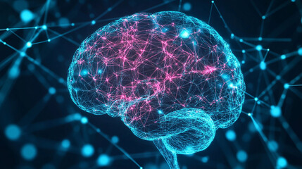 Glowing data streams flow into a digital brain on a dark background symbolizing artificial intelligence learning connectivity knowledge transfer and the fusion of human thought with technology
