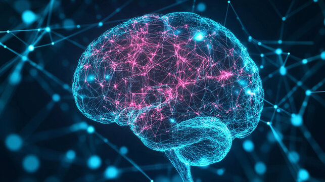 Glowing data streams flow into a digital brain on a dark background symbolizing artificial intelligence learning connectivity knowledge transfer and the fusion of human thought with technology
