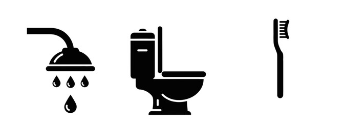 Bathroom icon set featuring shower, toilet, and toothbrush in minimalist style