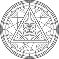 A black and white drawing of a triangle with an eye in the middle