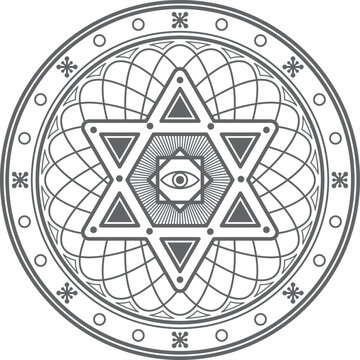 A black and white drawing of a star of david with an eye in the middle