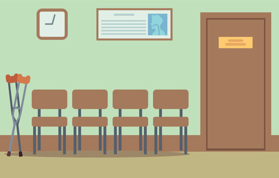 A hospital waiting room with four chairs and a clock on the wall