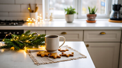 Beige mug with hot beverage and star-shaped cookies on white countertop with festive pine branches and warm lights