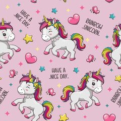 Seamless Pattern Cute Rainbow Unicorn On Pink Background, Vector Cartoon Illustration