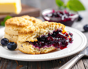 Buttermilk biscuit and blueberry jam, with a butter knife. AI
