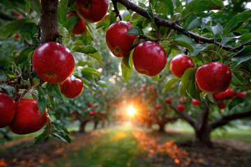 Red Apples on Branches at Sunset in Orchard