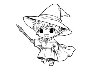 Chibi Wizard Boy - Line Art for Coloring Books