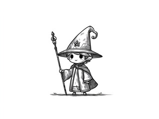 Cute Cartoon Wizard with Staff in Hand-Drawn Style