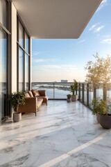 Obraz premium Modern balcony with marble floor, glass railing, and cozy sofa overlooking the river