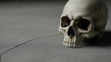 This realistic 3D rendered human skull rests dramatically on a stark, textured, and cracked gray concrete surface. The intricate details of the bone structure, including the eye sockets, nasal cavity,
