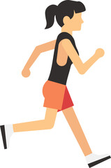 A woman is running in a black tank top and orange shorts