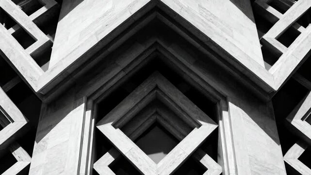 Medium shot of intricate geometric stone patterns forming symmetrical visual motifs with sharp angles and clean lines highlighting craftsmanship and precision.