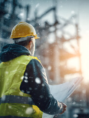 Portrait of a male construction worker in a yellow hard hat and safety vest, looking toward the side with strong backlighting from the site.