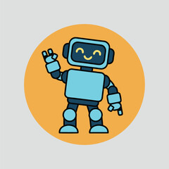A friendly blue robot character with a smiling screen face making a peace sign gesture in a round orange circle.