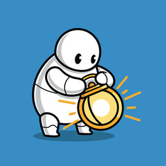Vector Illustration of Searching Robot Character: Tech Mascot Exploring with Lamp.