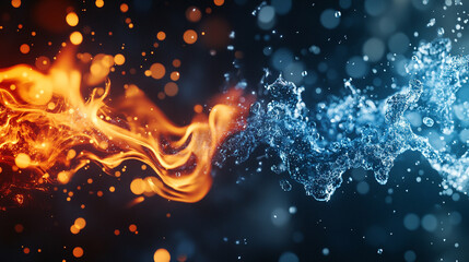 Abstract fire and ice background showing fluid motion of icy blue and fiery red particles mixing in swirling liquid energy symbolizing duality balance transformation and the merging of opposing forces