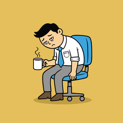 A tired, sleepy man in an office chair holding a steaming coffee mug, looking exhausted and needing caffeine.