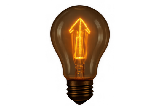 Light bulb shining with an upward arrow filament, symbolizing growth, innovation, and bright new ideas, on transparent background