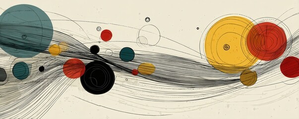 Abstract vector composition with moving curves and colorful circles on smooth white background