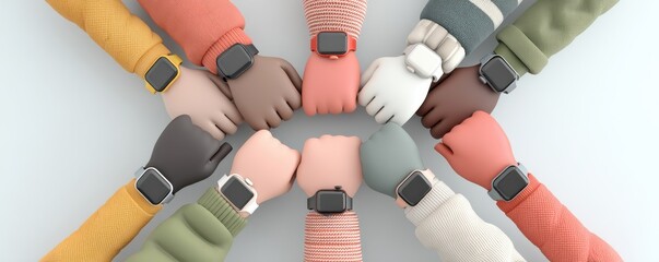 Diverse group joins hands with colorful smartwatches, symbolizing unity, teamwork, and friendship in a modern tech moment