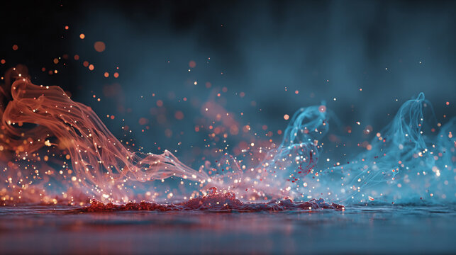 Abstract fire and ice background showing fluid motion of icy blue and fiery red particles mixing in swirling liquid energy symbolizing duality balance transformation and the merging of opposing forces - Powered by Adobe