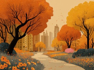 Cartoon autumn city park scene with orange trees and a winding path toward a distant skyline