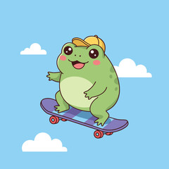 A cute cartoon frog wearing a yellow cap, happily riding a skateboard in a blue sky with white clouds.