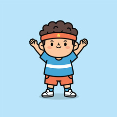 Cute cartoon boy with curly hair wearing a striped shirt, orange shorts, and a headband with a star, smiling with arms raised.