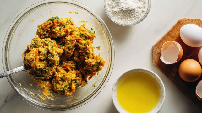 Fresh carrot and spinach fritters with ingredients for home cooking inspiration,National Fritters Day