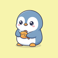 A cute cartoon baby penguin with big eyes holding a small orange fish on a light yellow background.