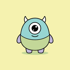 A cute, round, one-eyed cartoon monster with horns, light blue and green body, and purple limbs, standing on a light yellow background.