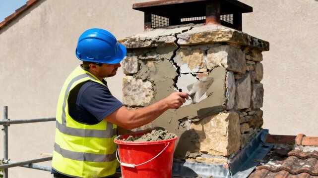 Construction worker mixing mortar in a bucket next to a stone chimney damaged by weather performing patch repairs efficiently.