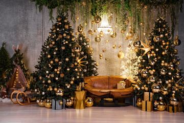 Luxury Christmas Living Room with Golden Decorations and Christmas Trees