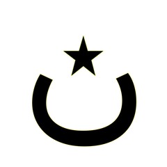 Minimalist black crescent moon and star icon symbolizing Islamic faith on white background. Arabic islamic symbol