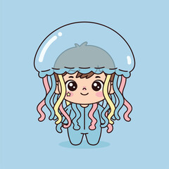 A cute cartoon child dressed in a light blue jellyfish costume with colorful tentacles, smiling on a light blue background.