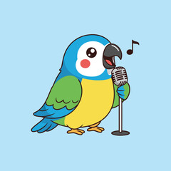 Cute cartoon parrot with blue and yellow feathers singing into a vintage microphone with music notes floating.