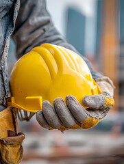 Side View of Worker Adjusting Yellow Hard Hat