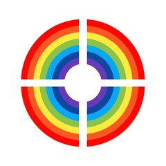 A vibrant, circular rainbow design split perfectly into four equal quadrants. Target with arrows