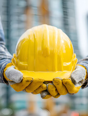 Side View of Worker Adjusting Yellow Hard Hat
