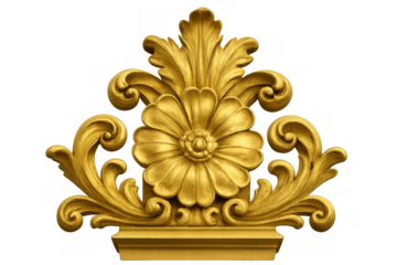 Golden baroque ornament featuring carved floral scrollwork and acanthus leaves, decorative element on transparent background